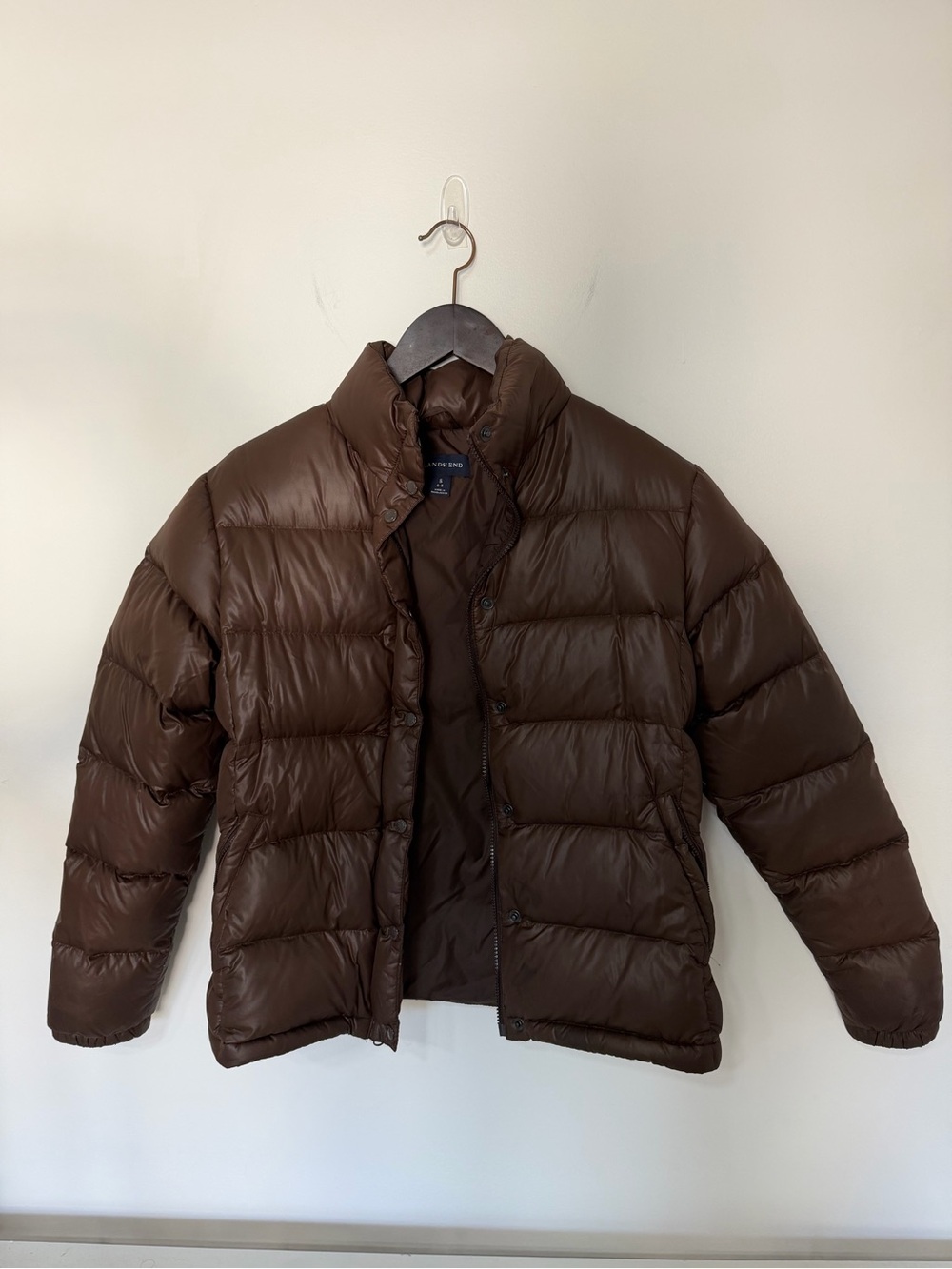 Lands’ End Brown Puffer Jacket Women’s Small Chocolate Winter Coat Snap Zip